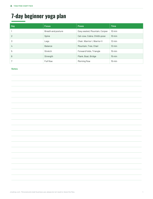 Preview of Printable 7-Day Yoga Plan