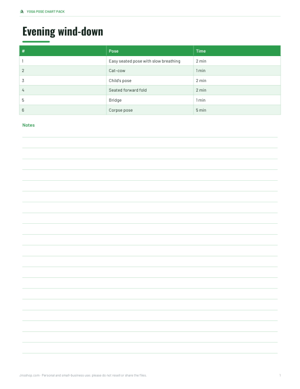 Preview of Printable Evening Yoga Sequence Chart